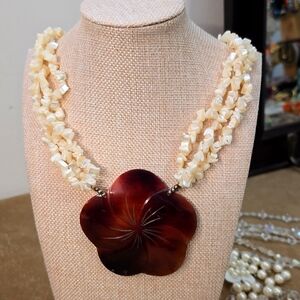 Mother of pearl large round carved Flower Pendant.